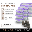 Kit 12 Potes Herméticos MyHome em Vidro Temperado e Tampa com Vedação a Vácuo + 8 Copos Fumê